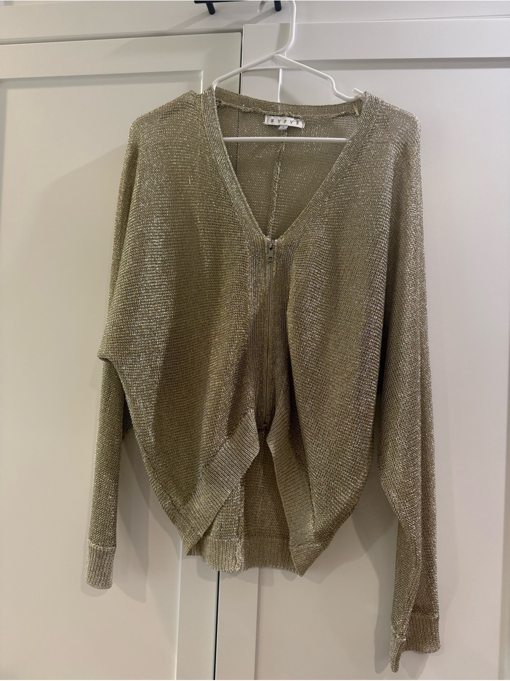 Zara look alike Gold Metallic mesh V-Neck Zip Sweater by HYFVE